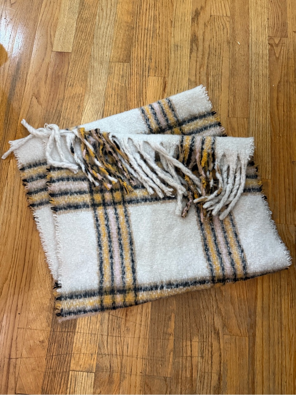 Betsey Johnson Pink Tag Plaid Fringe Scarf with Yellow & Black Accents NWT
